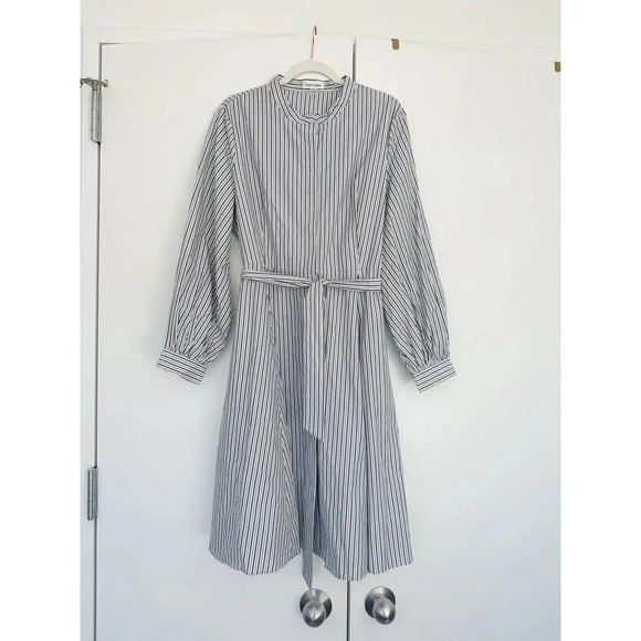Calvin Klein Striped Shirt Dress 100% Cotton White and Gray Size 14 - Picture 3 of 12